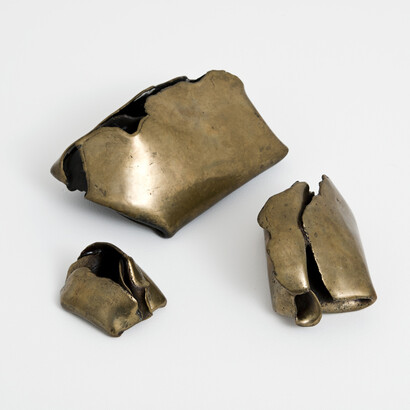 Hannah Wilke, Athens, 1979, 3 bronze sculptures: A) 17.8 x 12.1 x 8.9 cm / 7 x 4 3/4 x 3 1/2 ins, B) 14 x 10.2 x 9.5 cm / 5 1/2 x 4 x 3 3/4 ins, C) 7.6 x 5.7 x 5.1 cm / 3 x 2 1/4 x 2 ins, © Marsie, Emanuelle, Damon, and Andrew Scharlatt, Hannah Wilke Collection & Archive, Los Angeles; Courtesy Alison Jacques Gallery, London; Photography Michael Brzezinski
