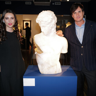 Gallery director Mica Bowman with Massimiliano Pelletti. Courtesy of Bowman Sculpture Gallery. Photo by Richard Young