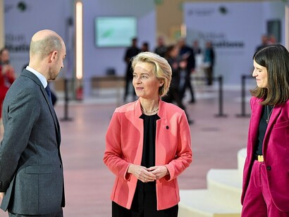 During the Artificial Intelligence Action Summit in Paris, France, from left to right: Jean-Noël Barrot, French Minister for Europe and Foreign Affairs; Ursula von der Leyen, President of the European Commission; and Clara Chappaz, French Minister Delegate for AI and Digital Technologies