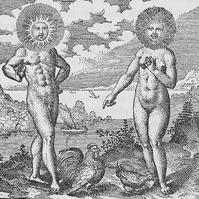 Sol indiget luna, ut gallus gallina, Atalanta Fugiens di Michael Maier, 1617