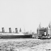 Lusitania alongside Liverpool landing stage c1911-14 - National Museums Liverpool; copyright unknown believed to be expired