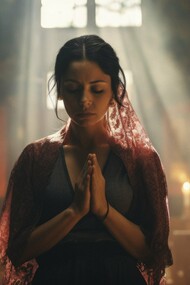 A woman immersed in prayer in the church, reflecting steadfast belief through trials