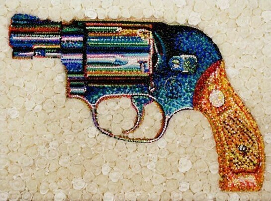 Lisa Alonzo, The Gun in Roses 38, Acrylic and Molding Paste Piped on Panel, 12 x 16 x 2 inches, 30 x 41 x 5 cm