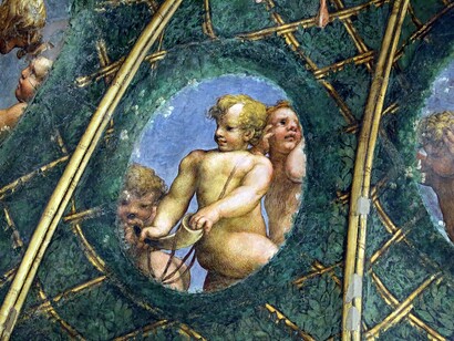 Correggio, Camera della Badessa, 1518-19, putti con oggetti legati alla caccia