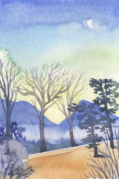 Laura Sellers, Crescent Moon over East Asheville, detail. Watercolor on paper, 7 x 5 inches, 11-1/4 x 9-1/4 inches framed. Courtesy of Momentum Gallery