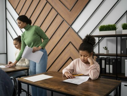 A silent exam hall with students writing and a teacher overseeing the room, representing the institutional focus on performance and compliance