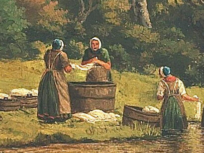 Que la basura no vuelva al agua. Separar residuos con un método simple y sostener una recolección mínima. Heinrich Buntzen (1803-1892). «Paisaje con mujeres lavando ropa en un arroyo».1842,  óleo sobre lienzo montado en tabla. Bruun-Rasmussen, Copenhague, Dinamarca
