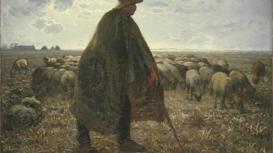 Jean-François Millet (French, 1814–1875). "Shepherd Tending His Flock", early 1860s. Oil on canvas, 32 3/16 x 39 9/16 in. (81.8 x 100.5 cm). Brooklyn Museum, Bequest of William H. Herriman, 21.31. (Photo: Brooklyn Museum)