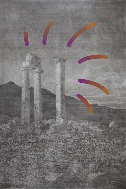 Chris Agnew, Variable, 2015, etching and oil paint on icon panel, 140 x 100 cm