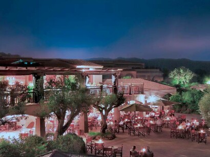 A night-time view of the restaurant at Valle dell’Erica in Northern Sardinia, Italy