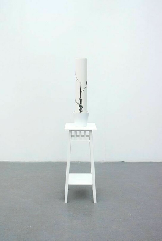 Sarah Woodfine, How to grow an apple tree, 2014, plant stand, plant pot, pencil on Saunders Waterford paper, 150 x 32 x 32 cm