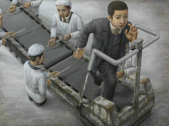 Tetsuya Ishida, Exercise Equipment, 1997, Acrylic on board , 103 x 145.6 cm © Estate of Tetsuya Ishida. Courtesy Gagosian Gallery