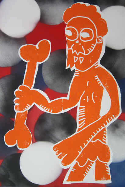Cedar Lewisohn, Untitled(Caveman), Hand Pressed Woodcut on paper with spray paint and ink 2013, appox 1524 x 1219 cm