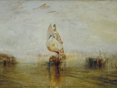 Joseph Mallord William Turner (British, 1775 - 1851). Title/Date: The Sun of Venice Going to Sea, exhibited 1843. Culture: British. Medium: Oil on canvas. Dimensions: Unframed: 61.6 x 92.1 cm (24 1/4 x 36 1/4 in.). Framed: 87.2 x 117.8 x 11.5 cm (34 5/16 x 46 3/8 x 4 1/2 in.). Accession No. EX.2015.3.22. Object Credit: Tate: Accepted by the nation as part of the Turner Bequest 1856. Repro Credit: Photo © Tate, London 2014