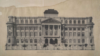 Fachada principal do edifício. Na obra "Avenida Central, 8 de março de 1903-15 de novembre de 1906" de Marc Ferrez, consta o projeto deste edifício, 1910