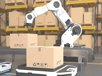 Seamless automation in action: the robot arm autonomously picks up the box, streamlining operations effortlessly