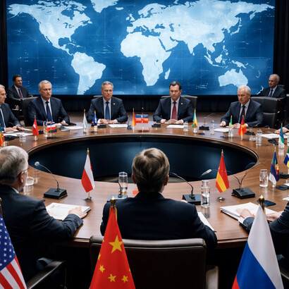 A global decision-making space symbolising coordination, competition, and the structural complexity of contemporary world order