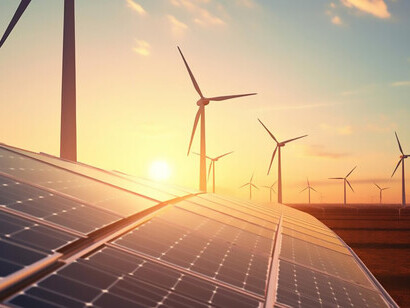 As the sun dips below the horizon, the vibrant hues of the sunset become the catalyst for harnessing the potent energy of wind turbines and solar panels