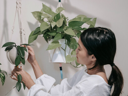 A woman in a white long-sleeve shirt hanging a houseplant—an image of mental minimalism and intentional simplicity