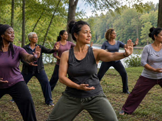 A group of women practicing Tai Chi in nature, representing the benefits of balance, coordination, and mindful movement