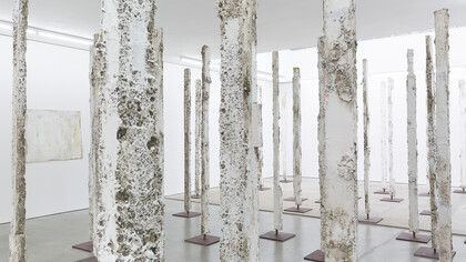 Installation view of Jodie Carey's exhibition. Stand, 2017 Plaster, steel, earth, paint and colouring pencil. Dimensions Variable. Copyright Will Amlot. Courtesy Edel Assanti.