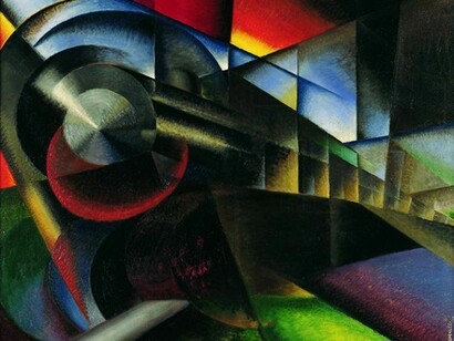 Ivo Pannaggi, Speeding Train (Treno in corsa), 1922, Oil on canvas, 100 x 120 cm, Fondazione Carima–Museo Palazzo Ricci, Macerata, Italy. Photo: Courtesy Fondazione Cassa di risparmio della Provincia di Macerata