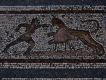 Explore the timeless allure of ancient Greek mythology with a visit to the Old Roman mosaic floor in Kos City, Greece, depicting the legendary Twelve Labors of Heracles, including his iconic encounter with the Cretan bull