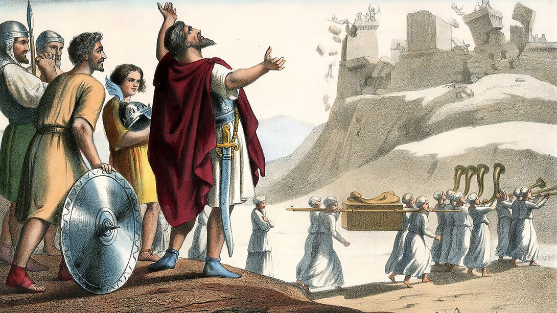 According to Joshua 6:1–27, the walls of Jericho fell after the Israelites marched around the city once a day for six days, and seven times on the seventh day, with priests blowing their horns each day and the people shouting on the final day