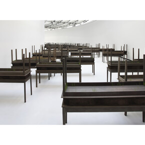 Doris Salcedo, Plegaria Muda (detail), 2008–10, Wood, concrete, earth, and grass in 122 parts, dimensions variable. Courtesy Alexander and Bonin, New York