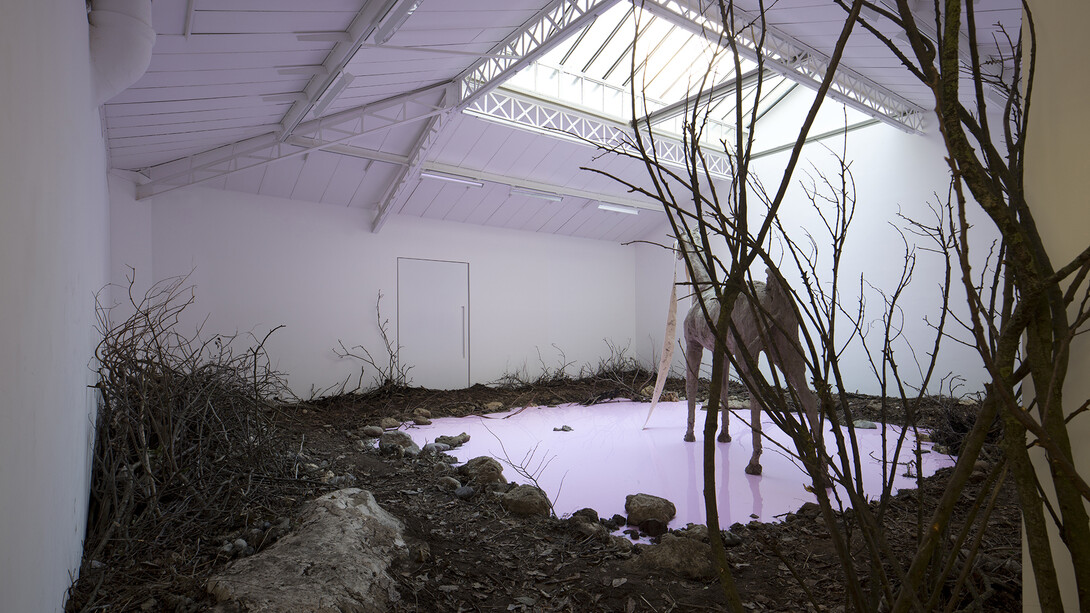 Petrit Halilaj, Yes but the sea is attached to the earth and it never floats around in space. The stars would turn off and what about my planet?, 2014, Installation. Mixed media (earth, branches, fallen leaves, stones, soap), Variable dimensions, View of the exhibition « Yes but the sea is attached to the earth and it never floats around in space. The stars would turn off and what about my planet? », Kamel Mennour, Paris, 2014, © Petrit Halilaj, Photo: Fabrice Seixas, Courtesy the artist and Kamel Mennour, Paris