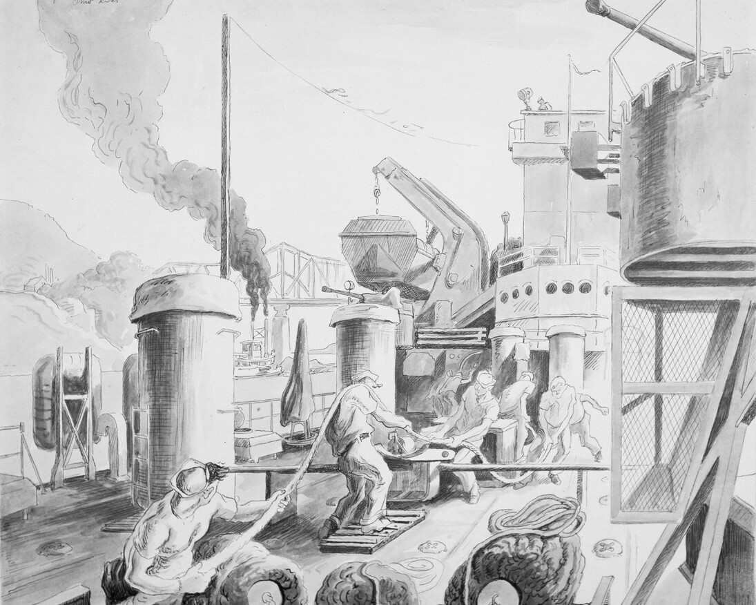 Thomas Hart Benton (American, 1889 – 1975), All Work, 1944, pen and ink with wash on paper, 23 x 26 in. (framed dim.), Navy Art Collection, Naval History and Heritage Command, Washington, D.C., 88-159-BB.