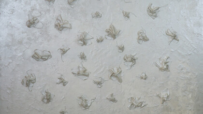 Incontri (Sapienza Universale - bianco), resina, seta, acrilico su tela, 150 × 150 cm
