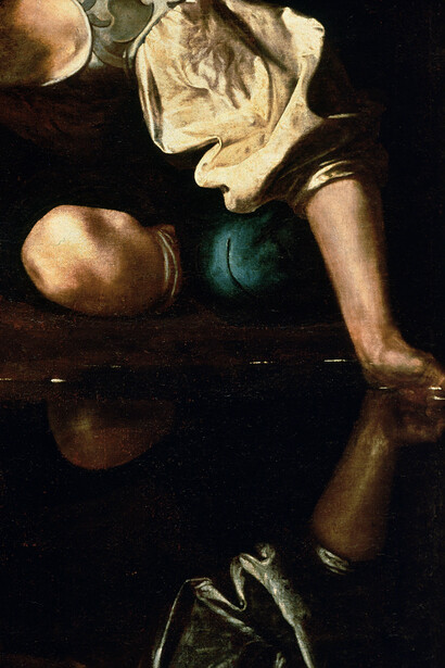 Caravaggio, Narciso (c. 1600, detalle)