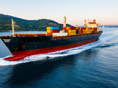 Aerial perspective of commercial shipping traffic in the Bosphorus, a key gateway for trade between the Black Sea, Europe, and the Middle East, Turkey