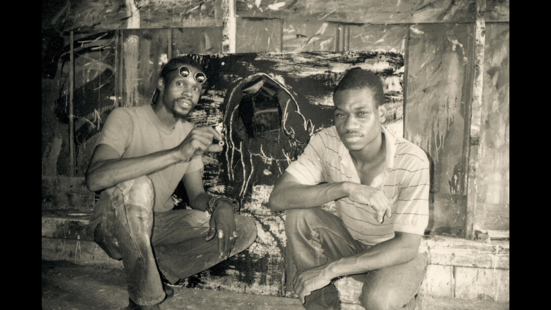 Lonnie Holley and Ronald Lockett in front of Lockett's painting, Instinct for Survival, c. 1992. Artwork: © 2023 Estate of Ronald Lockett/ Artists Rights Society (ARS), New York.
© Lonnie Holley/ Artists Rights Society (ARS), New York. Courtesy of the artist and Blum & Poe, Los Angeles/New York/Tokyo