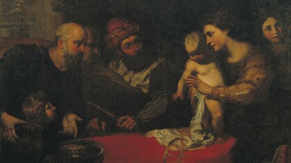 «Moisés niño tira la corona del faraón», Orazio de Ferrari  (1606–1657)