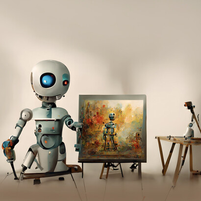 Imagen generada con IA que muestra un robot antropomórfico haciendo arte