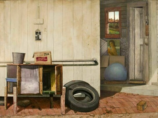 Gregory Gillespie, (detail) Back Entrance: Williamsburg, Massachusetts, 1972, oil and Magna on wood, 54 x 84 inches