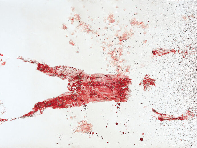 Imran Qureshi, All are the colour of my heart, 2015, Gouache and acrylic paint on paper, 152,4 x 274,3 cm (60 x 108 in), Courtesy Galerie Thaddaeus Ropac Paris/Salzburg. Photo: Usman Javed