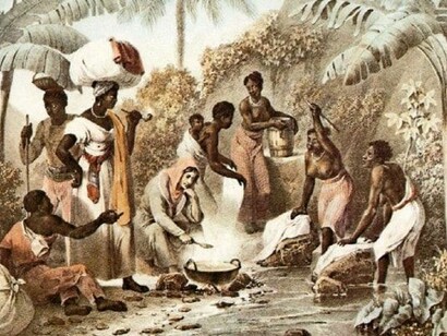 Ilustração que representa as trocas de saberes em comunidade quilombola no antigo Brasil Colônia