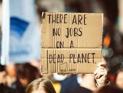 This image of a protest sign highlights the growing understanding that addressing climate change is essential not just for the environment but also for the economy