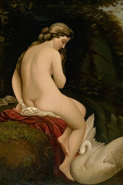 "Leda y el cisne", Alexander Nyulassy, 1862. Zeus se transforma en cisne para avanzar sobre Leda porque ella se había transformado en oca para huir de él