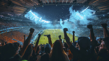 A football stadium full of people cheering and celebrating, reflecting the global passion of football 