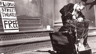 Takehisa Kosugi, Ben Vautier, George Brecht. Simultaneous performance of Anima 1, Attache de Ben, and Solo for Violin, performed during Fully Guaranteed 12 Fluxus Concerts, New York, May 23, 1964