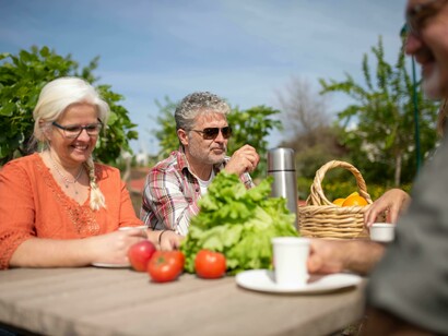 In Portugal, a cheerful senior couple enjoys a picnic in a lush garden with a spread of fresh fruits and vegetables