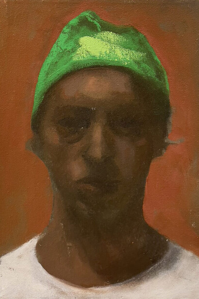 Nick Weber, Self portrait (green beanie), 2013. Courtesy of Grenning Gallery