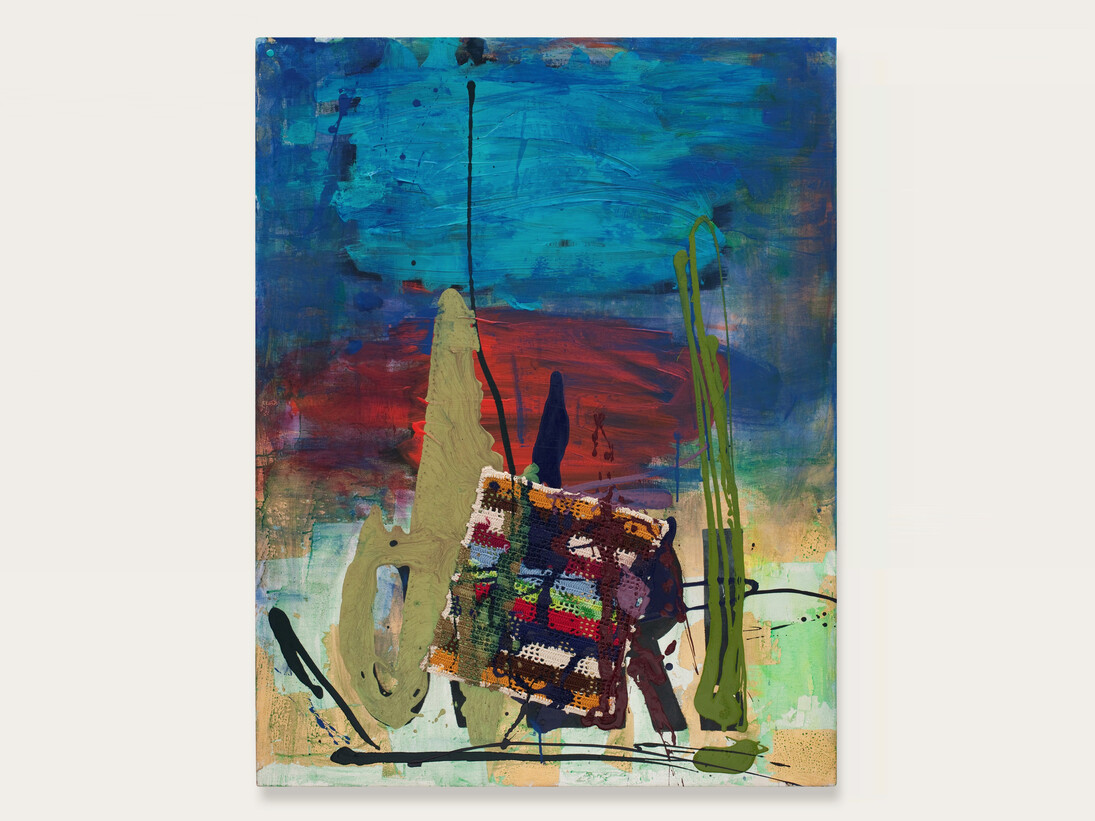 Rochelle Feinstein, !, 2010, Oil, leaf, acrylic, fabric on canvas, 49 x 38 in