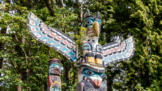 Totem poles in Stanley Park in Vancouver, British Columbia, Canada, 2022