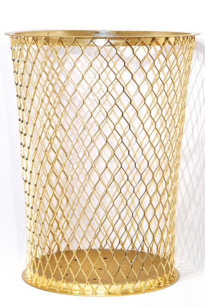 Sylvie Fleury Yes To All, 2004, Gold plated trashcan 28 ¼ x 22 ¼ x 22 ¼ inches