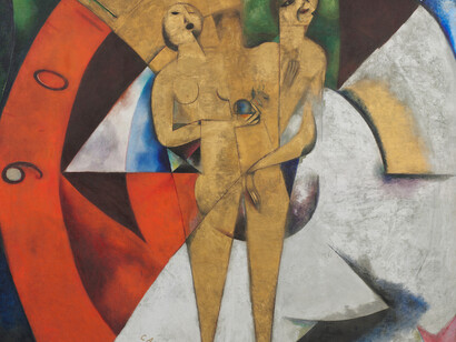 Hommage à Apollinaire, 1913, Huile, poudre d’or et argent sur toile
200 x 189,5 cmm Van Abbemuseum, Eindhoven. Photo : Peter Cox, Eindhoven, Pays-Bas © Marc Chagall, Vegap, Bilbao 2018